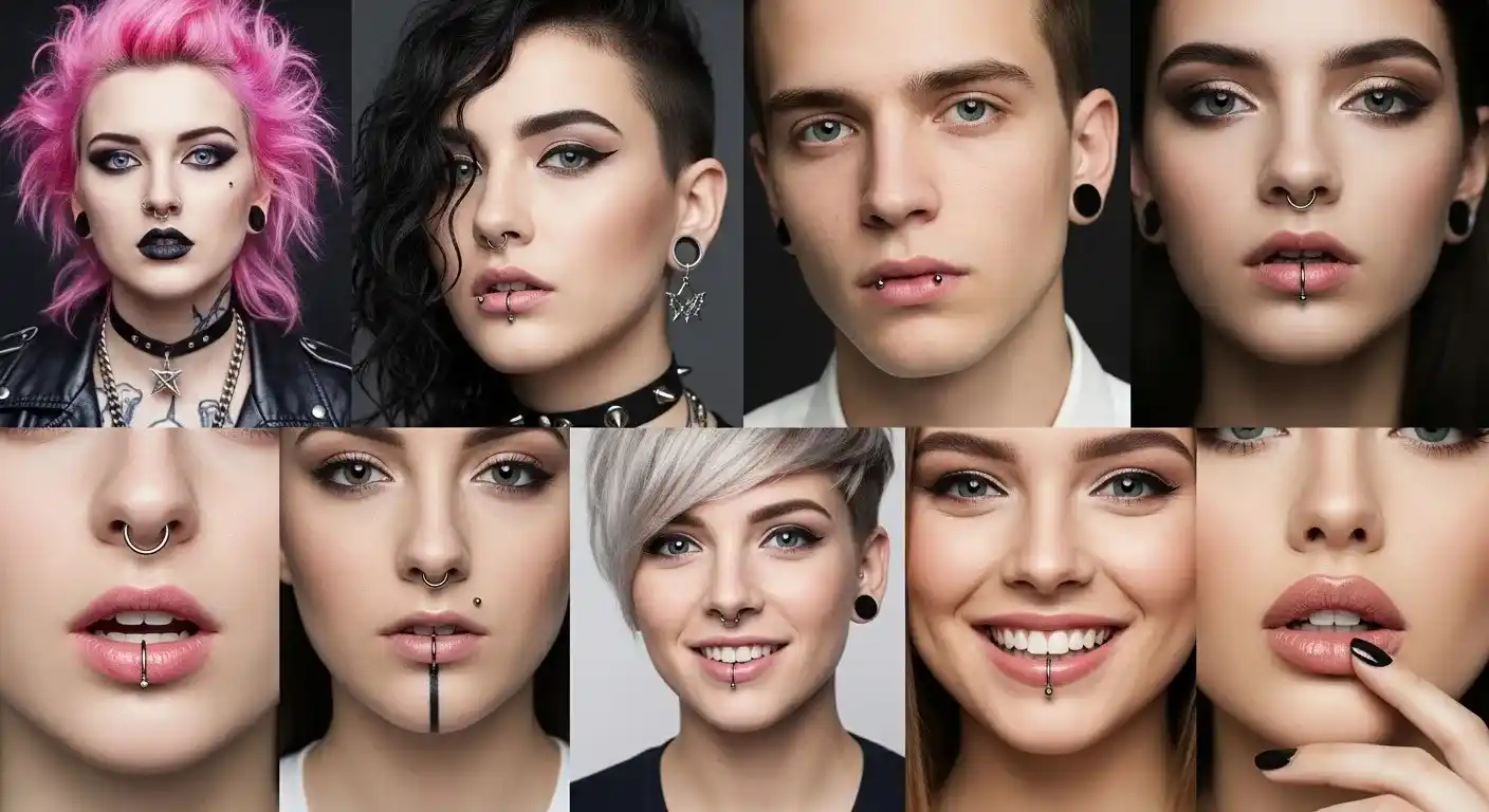 A variety of lip piercings showcasing different styles